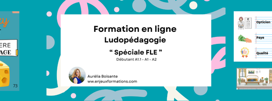 Atelier de ludopédagogie FLE avec étiquettes, cartes et cube de conjugaison pour enseigner le français aux débutants.