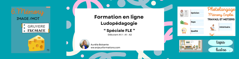 Atelier de ludopédagogie FLE avec étiquettes, cartes et cube de conjugaison pour enseigner le français aux débutants.